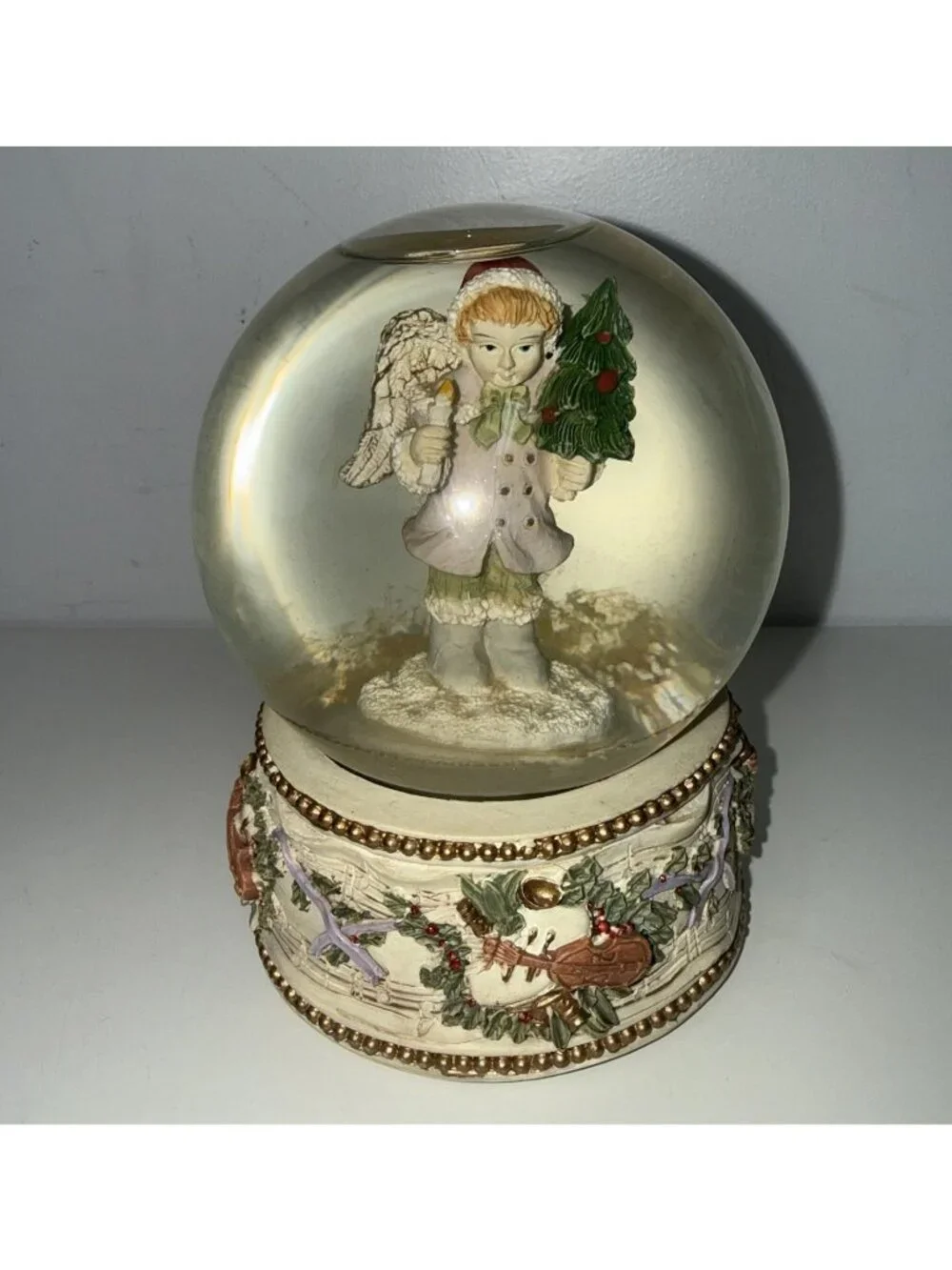 Vintage Christmas Angel Snow Globe Musical Box Holioday Decor Violin Holly Base